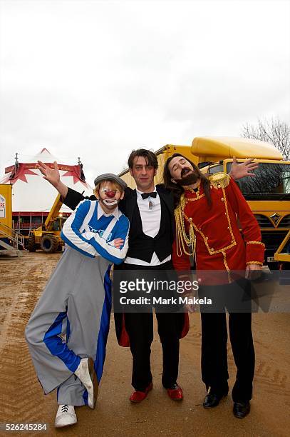 Ringmaster Andrey Voronin and clowns Valery Kashkin and Valentina Rumyantseva, all performers from the Moscow State Circus, pose for a portrait the...