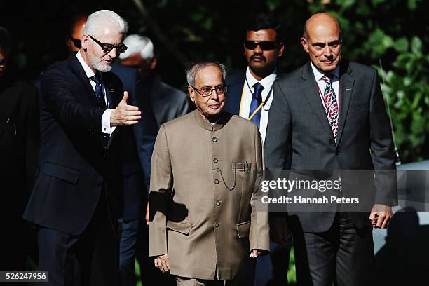 Indian President Shri Pranab Mukherjee is welcomed during a ceremony of welcome at Government House on April 30, 2016 in Auckland, New Zealand. It is...