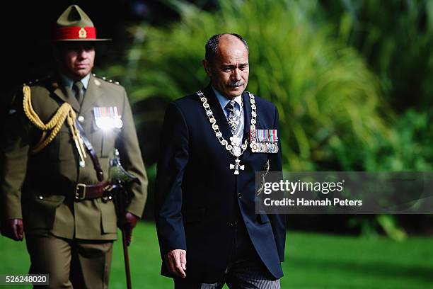 New Zealand Governor-General Sir Jerry Mateparae arrives to welcome Indian President Shri Pranab Mukherjee during a ceremony of welcome at Government...