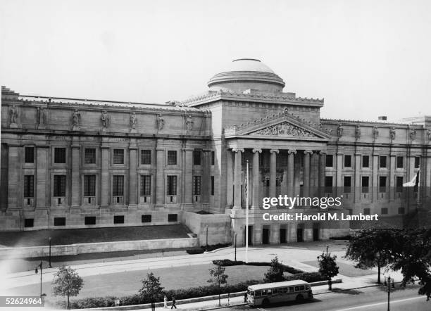 The entrance to the Brooklyn Museum on Eastern Parkway shows the main facade of the Beaux Arts Neo-Classical building after the grand staircase was...