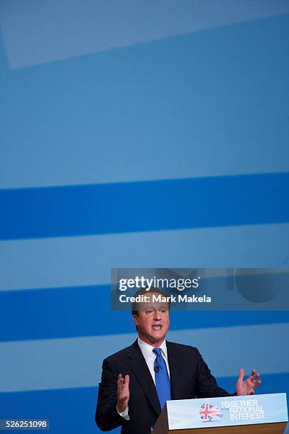 Prime Minister David Cameron delivers his leader's speech on the fourth, and final, day of the Conservatives Party Conference at the ICC, Birmingham,...