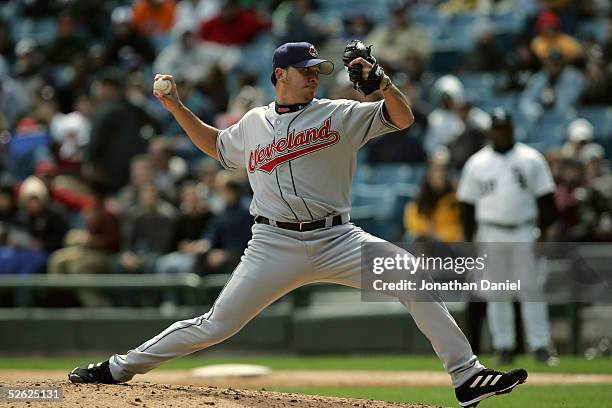 Relief pitcher Rafael Betancourt of the Cleveland Indians winds up during the game with the Chicago White Sox on April 7, 2005 at U.S. Cellular Field...