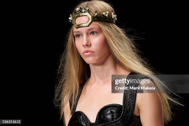 Models show the KTZ spring 2011 collection in the BFC show space at Somerset House, London on 22 September 2010.