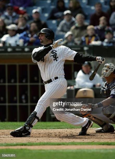 Paul Konerko of the Chicago White Sox bats during the game with the Cleveland Indians on April 7, 2005 at U.S. Cellular Field in Chicago, Illinois....