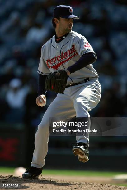 Relief pitcher David Riske of the Cleveland Indians winds up during the game with the Chicago White Sox on April 7, 2005 at U.S. Cellular Field in...