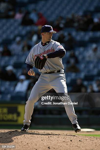 Relief pitcher Bob Howry of the Cleveland Indians winds up during the game with the Chicago White Sox on April 7, 2005 at U.S. Cellular Field in...