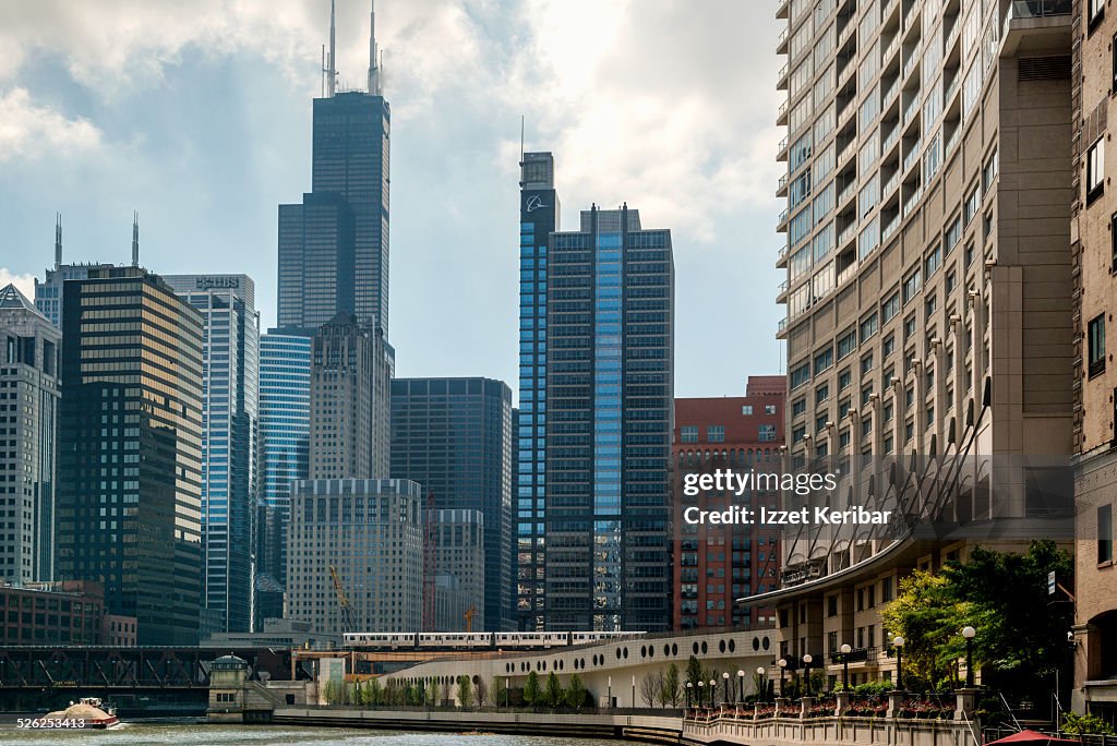 Skyscrapers and Chicago river, Illinois