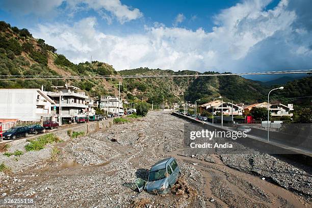 Messina : consequences of the floods of . Heavy rainfall have led to landslides, the death of one person, the dippearance of two more and the...