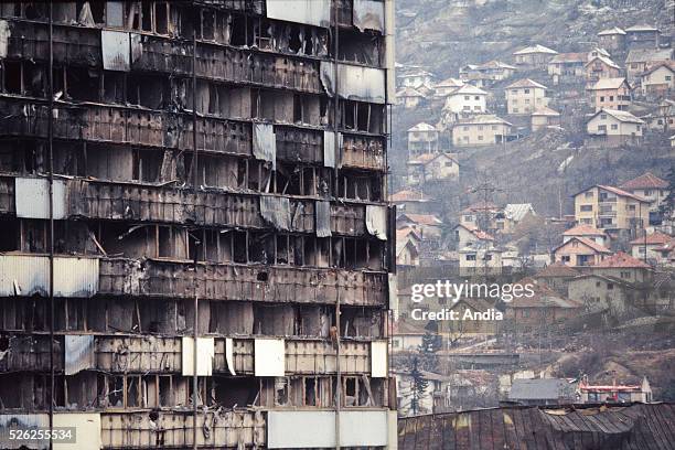 War in the former Yugoslavia. February 1994, the capital city of Bosnia-Herzegovina during the siege of Sarajevo. The building of the Parliament in...