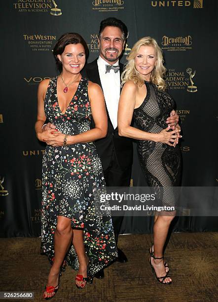 Actors Heather Tom, Don Diamont, and Katherine Kelly Lang pose in the press room at the 43rd Annual Daytime Creative Arts Emmy Awards at Westin...