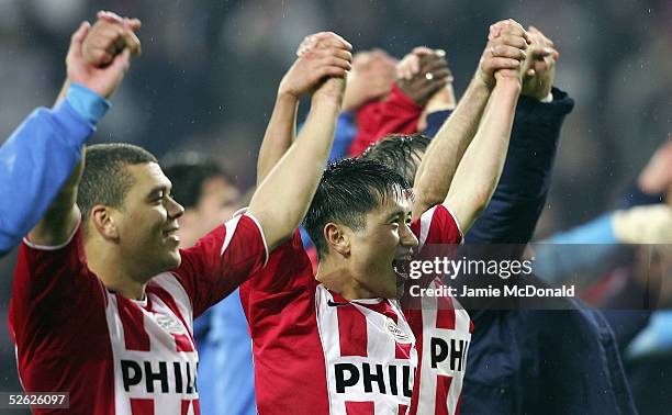 Young Pyo Lee of PSV celebrates victory over Lyon during the UEFA Champions League quarter final, second leg match between PSV Eindhoven and Olmpique...