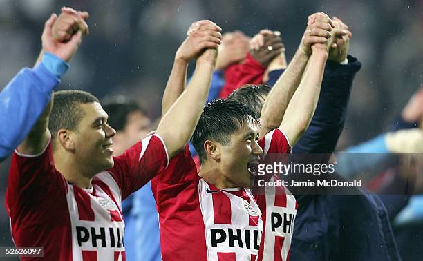 Young Pyo Lee of PSV celebrates victory over Lyon during the UEFA Champions League quarter final, second leg match between PSV Eindhoven and Olmpique...