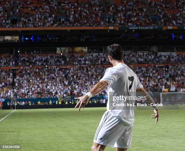 Real Madrid player Cristiano Ronaldo celebrates a goal during the Championship match between Chelsea FC and Real Madrid during the Guinness...