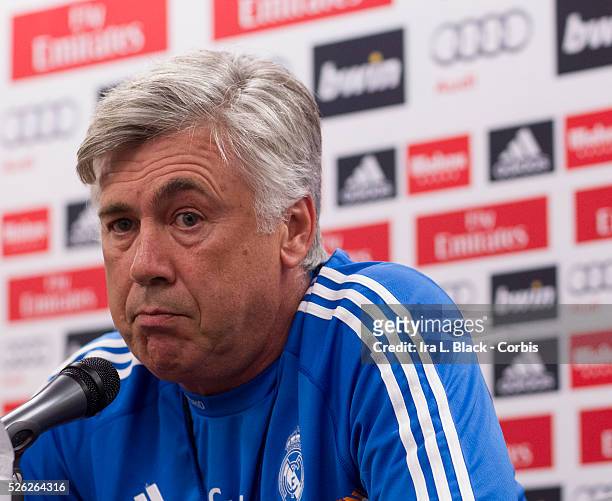 Real Madrid Head Coach Carlo Ancelotti during the Press Conference prior to the Championship match between Chelsea FC and Real Madrid during the...
