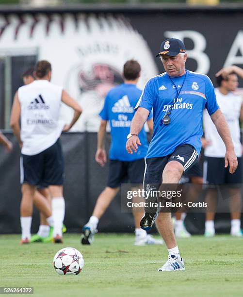 Real Madrid Head Coach Carlo Ancelotti during practices prior to the Championship match between Chelsea FC and Real Madrid during the Guinness...