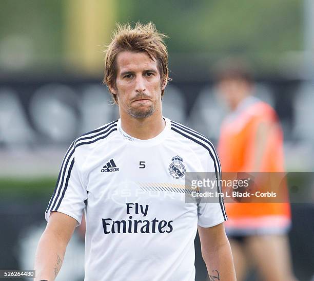 Real Madrid Player Fabio Coentrao during practices prior to the Championship match between Chelsea FC and Real Madrid during the Guinness...