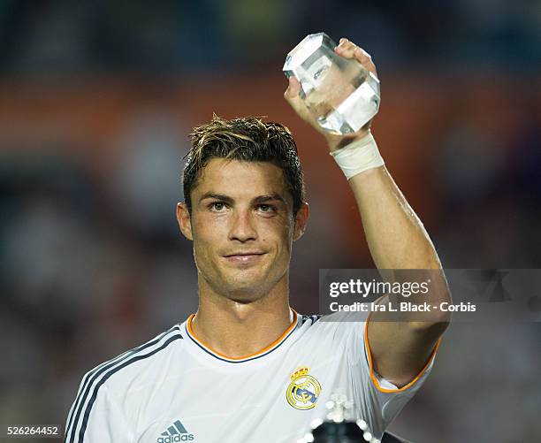 Real Madrid player Cristiano Ronaldo receives the Man of the Match during the Championship match between Chelsea FC and Real Madrid during the...