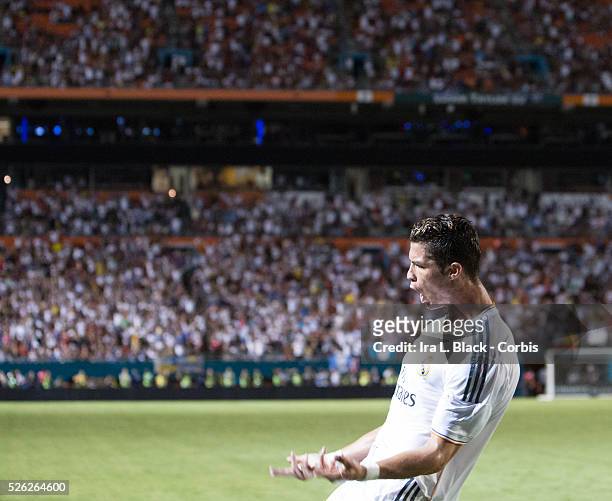 Real Madrid player Cristiano Ronaldo celebrates a goal during the Championship match between Chelsea FC and Real Madrid during the Guinness...