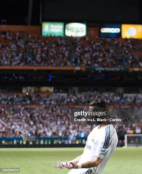 Real Madrid player Cristiano Ronaldo celebrates a goal during the Championship match between Chelsea FC and Real Madrid during the Guinness...