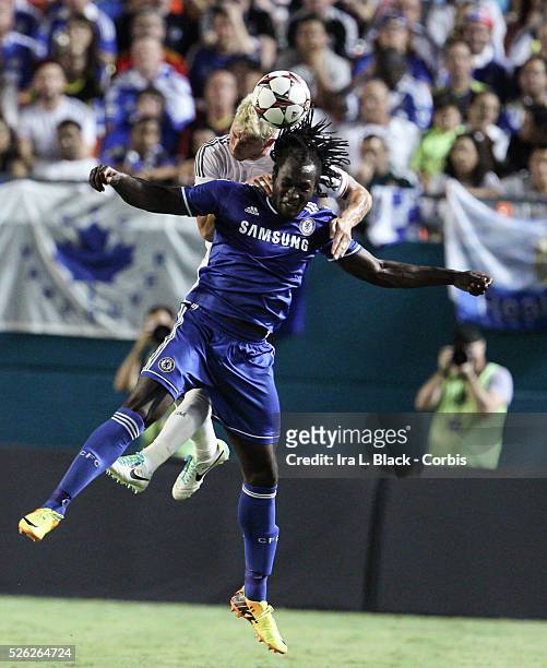 Real Madrid player Sergo Ramos goes up on the ball against Chelsea FC player Romelu Lukaku during the Championship match between Chelsea FC and Real...