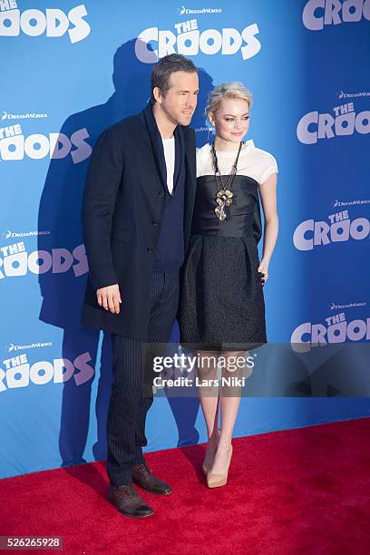 Ryan Reynolds and Emma Stone attend The Croods film premiere at the AMC Loews Lincoln Square in New York City. �� LAN