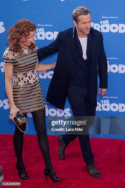 Robyn Lively and Ryan Reynolds attend The Croods film premiere at the AMC Loews Lincoln Square in New York City. �� LAN