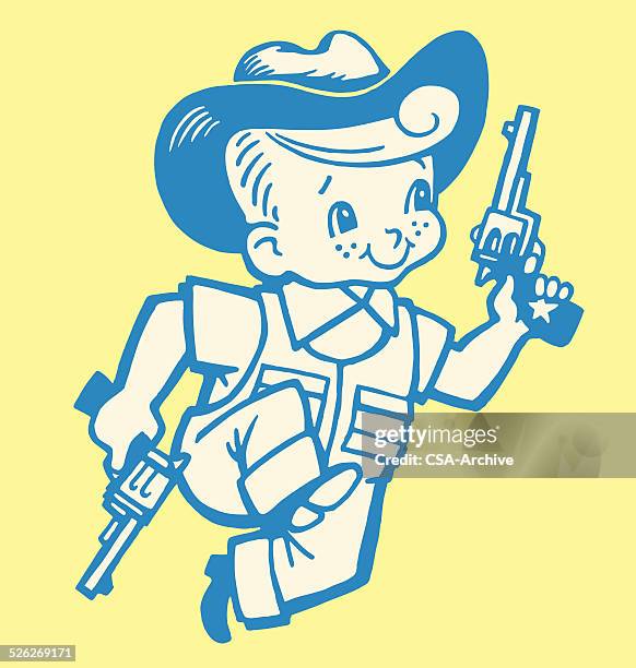 stockillustraties, clipart, cartoons en iconen met boy playing cowboy - alleen één jongen