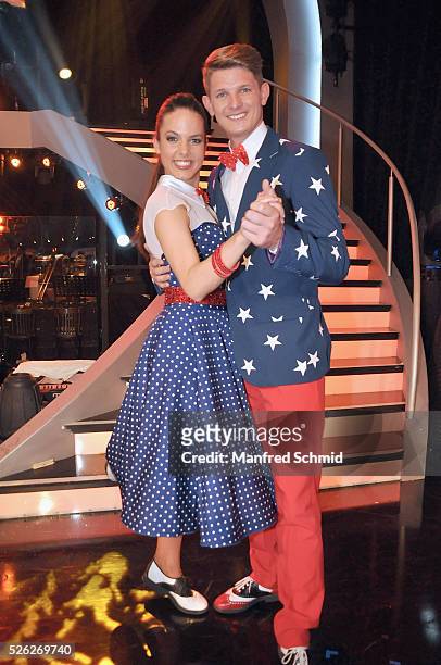 Roswitha Wieland and Thomas Morgenstern pose during the 'Dancing Stars' TV show in Vienna at ORF Zentrum on April 29, 2016 in Vienna, Austria.
