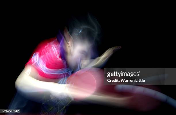 Miu Hirano of Japan in action against Jiang Huanjun of Hong Kong in the Women's quarter final match during day two of the Nakheel Table Tennis Asian...