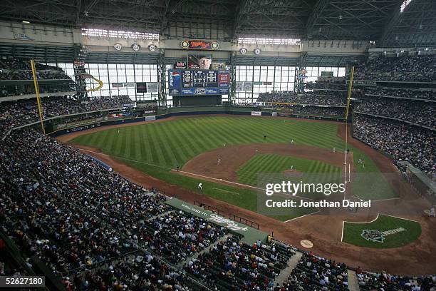 General view of Miller Park during the game between the Pittsburg Pirates and the Milwaukee Brewers on April 11, 2005 at in Milwaukee, Wisconsin. The...