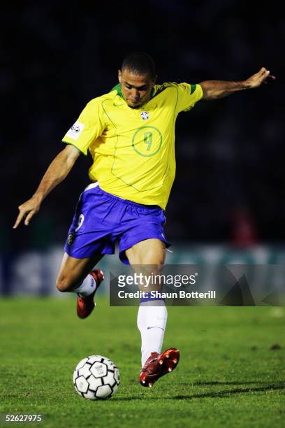 Ronaldo of Brazil in action during the 2006 World Cup Qualifier South American Group match between Uruguay and Brazil at the Centenario Stadium on...