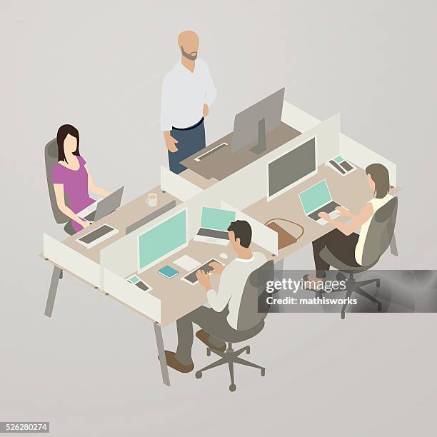ilustrações de stock, clip art, desenhos animados e ícones de equipa de trabalho plana, ilustração estilo - divisão de escritório