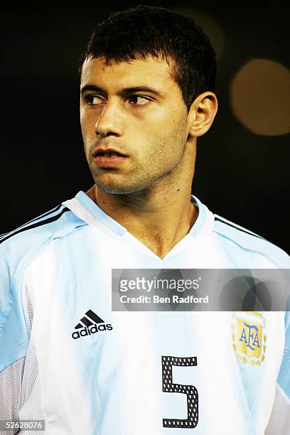 Portrait of Javier Mascherano of Argentina prior to the 2006 World Cup qualifying match between Argentina and Colombia at The River Plate Stadium on...