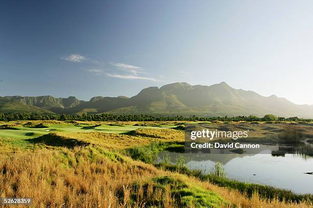 The green looking towards the mountains on the par 4, 10th hole on the Links Course at Fancourt, on February 25 in George, South Africa.