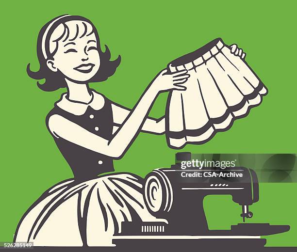 woman sewing a skirt - sewing machine stock illustrations