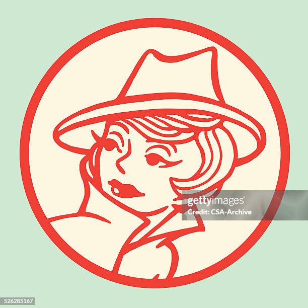 stockillustraties, clipart, cartoons en iconen met woman wearing stylish hat - detective