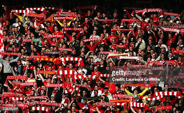 Liverpool fans during the FA Barclays Premiership match between Liverpool and Everton at Anfield on March 20, 2005 in Liverpool, England.