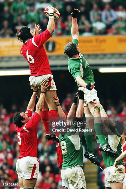 Ryan Jones of Wales wins lineout ball during the RBS Six Nations International between Wales and Ireland at The Millennium Stadium on March 19, 2005...