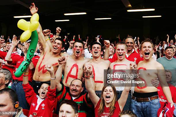 Welsh Fans celebrate during the RBS Six Nations International between Wales and Ireland at The Millennium Stadium on March 19, 2005 in Cardiff, Wales.