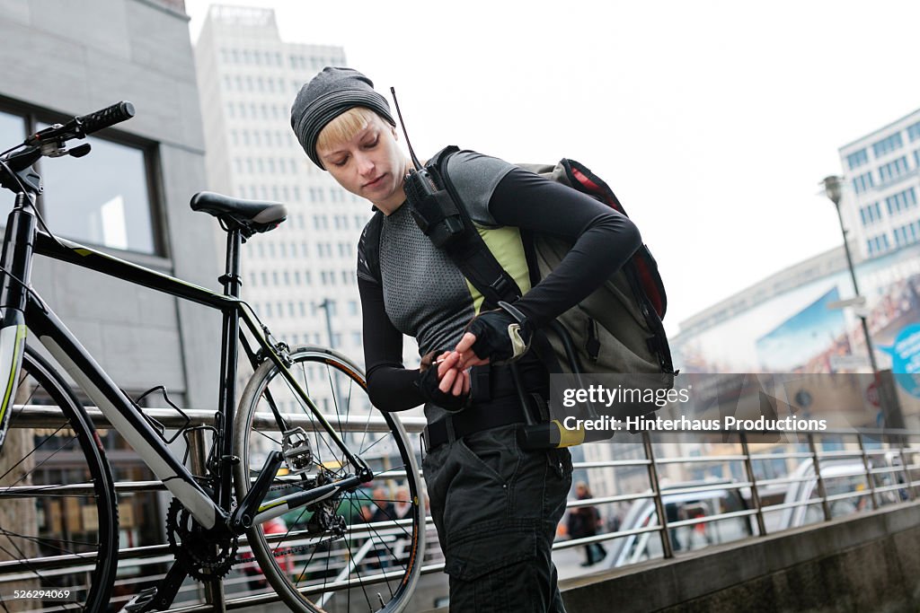 Female Bike Messenger Locking Bike