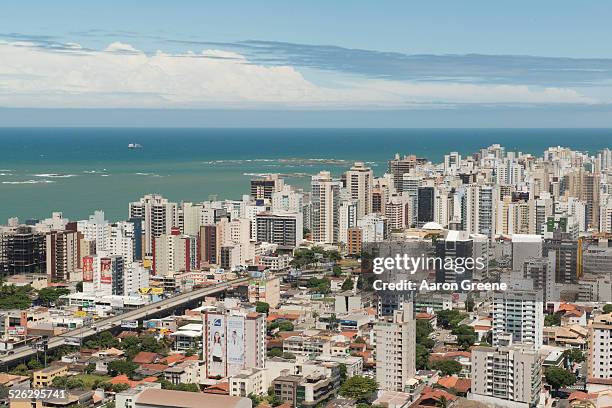 aerial view of vitoria cityscape and ocean, santo, brazil - vitória bildbanksfoton och bilder