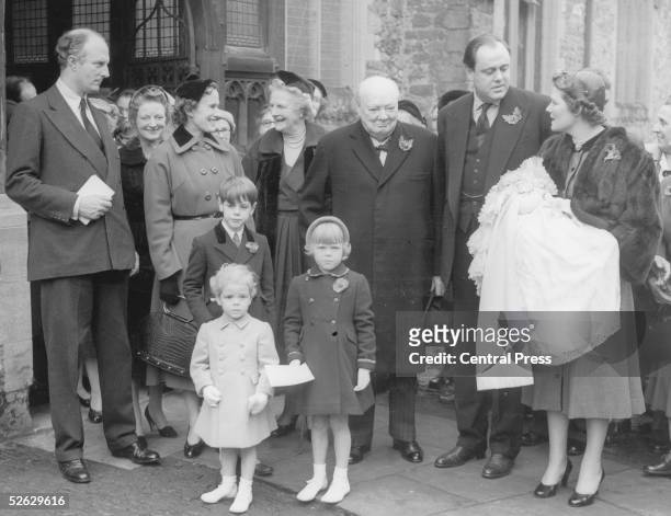 British statesman Winston Churchill at the christening of his granddaughter, Charlotte Soames at Westerham Parish Church, Kent, 6th November 1954....