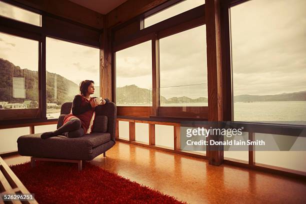 mixed race woman looking out window of modern house - diva imagens e fotografias de stock