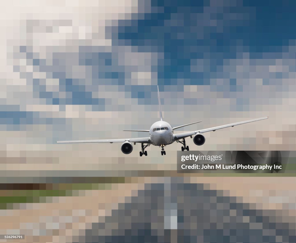 Airplane landing on pixelated runway