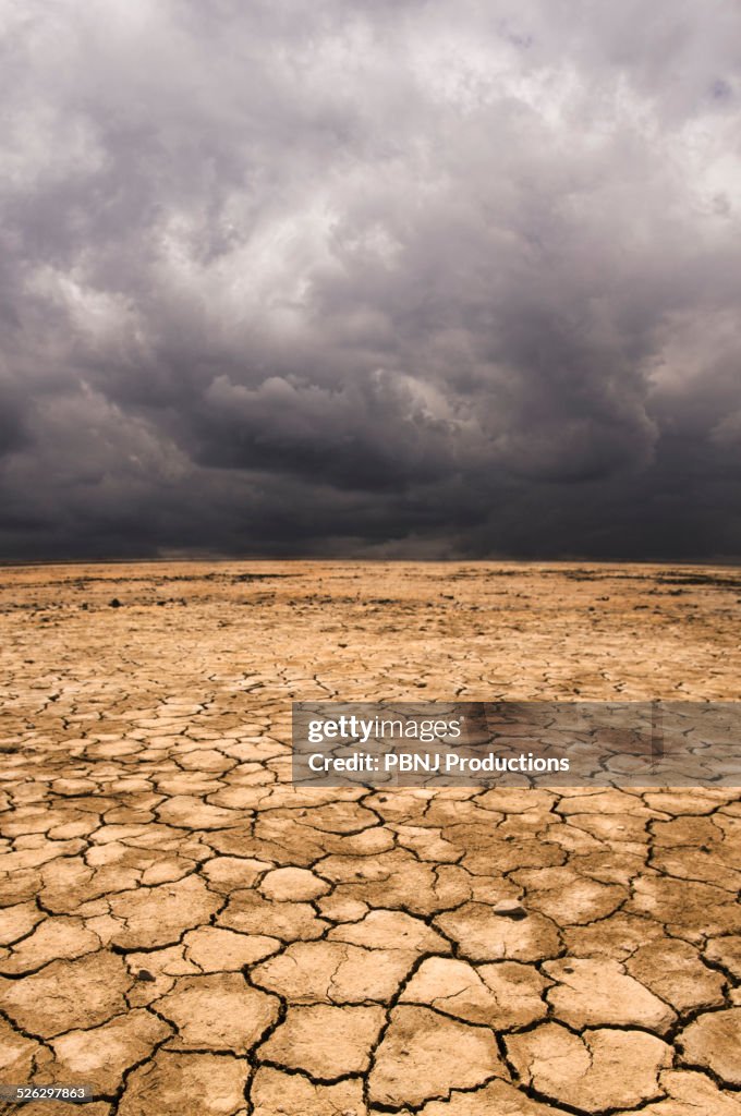 Cracked earth under cloudy sky in desert landscape