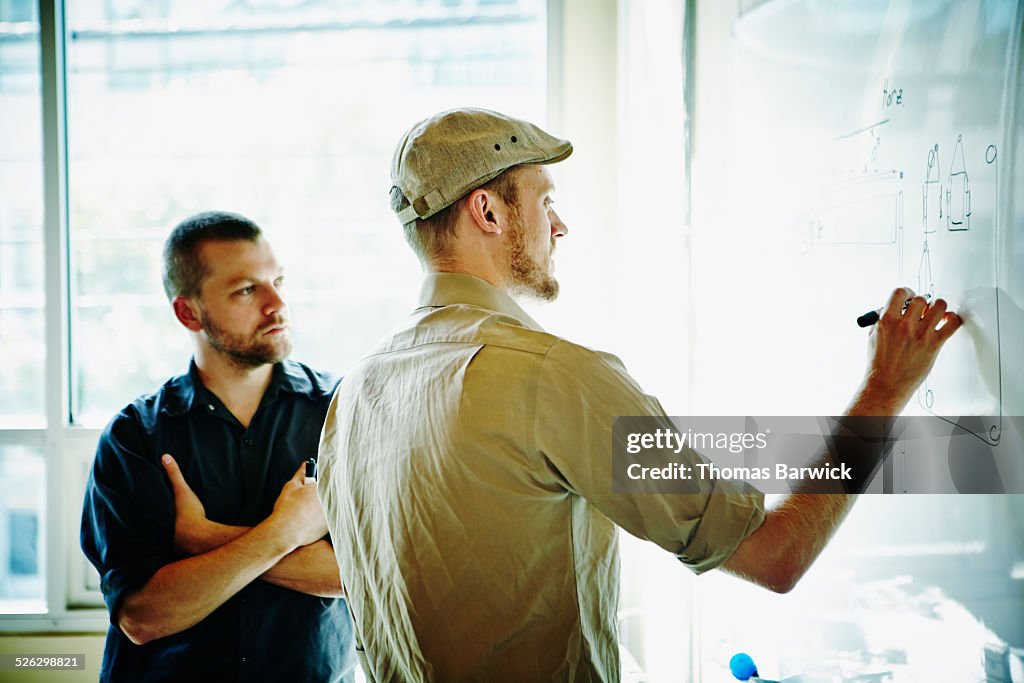 Coworkers working on project on whiteboard