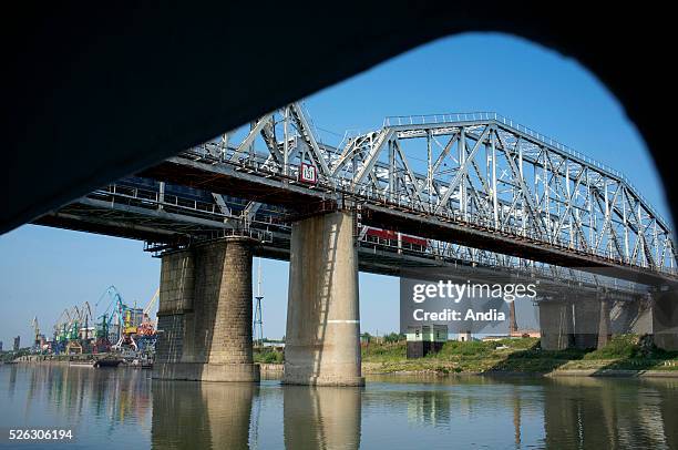 Omsk , Russia, 2011: railway bridge on the Irtysh River.