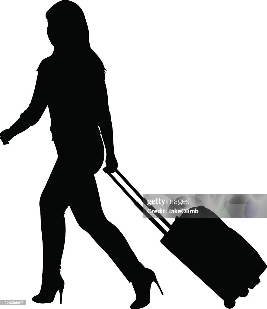 Woman with Rolling Suitcase Silhouette