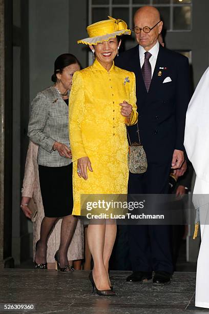 Princess Takamado arrives at the Royal Palace to attend Te Deum Thanksgiving Service to celebrate the 70th birthday of King Carl Gustaf of Sweden on...
