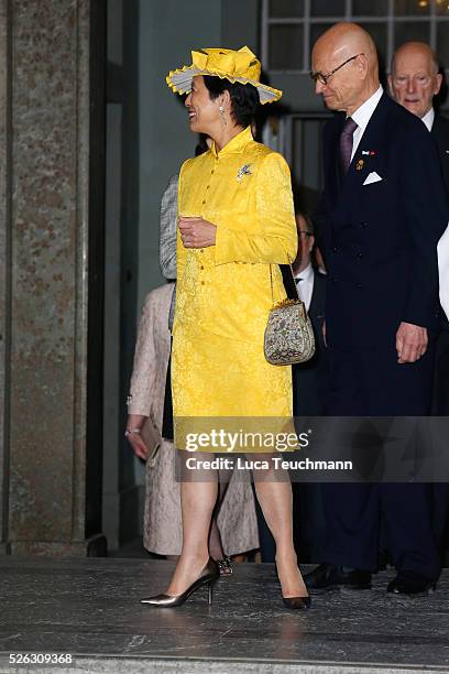 Princess Takamado arrives at the Royal Palace to attend Te Deum Thanksgiving Service to celebrate the 70th birthday of King Carl Gustaf of Sweden on...